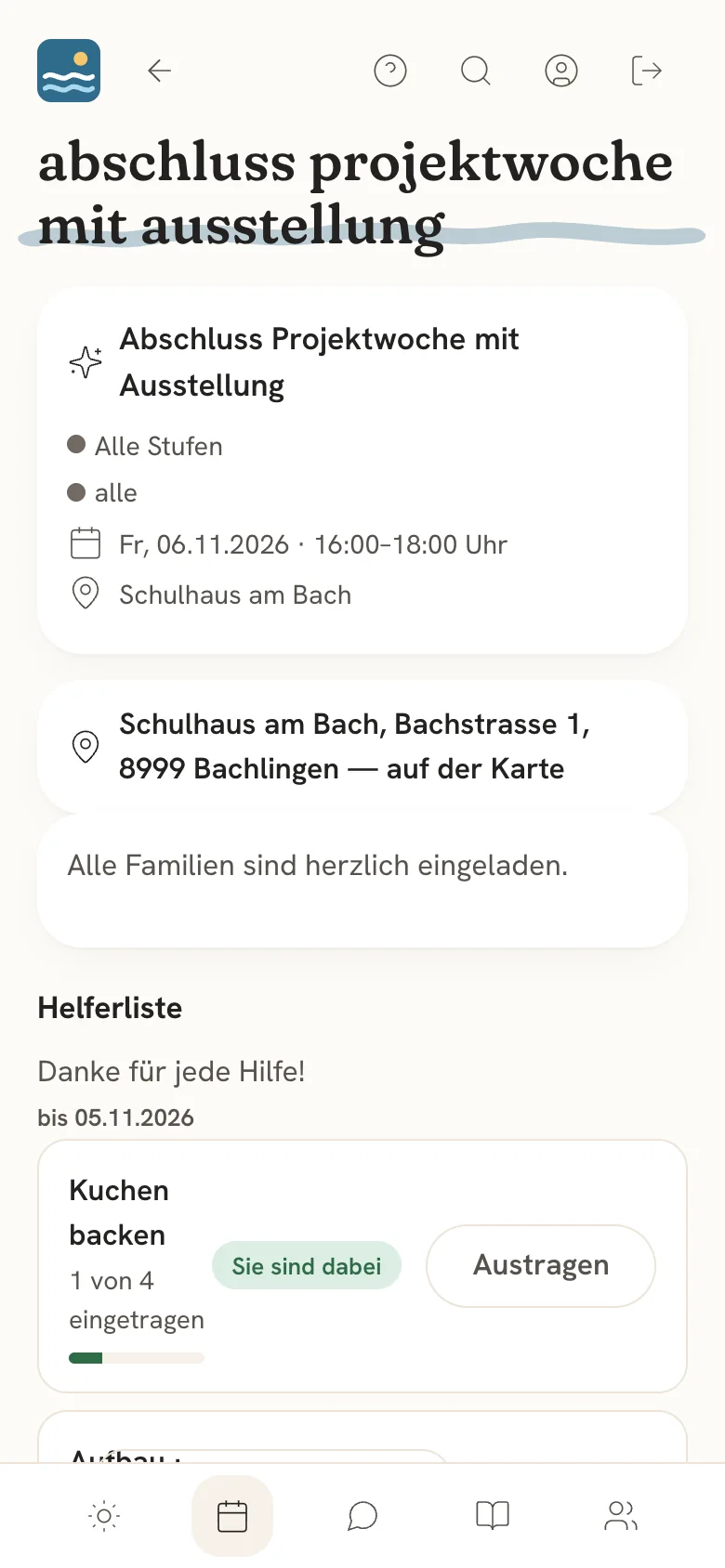 Helferliste mit Kuchen backen und Aufbau